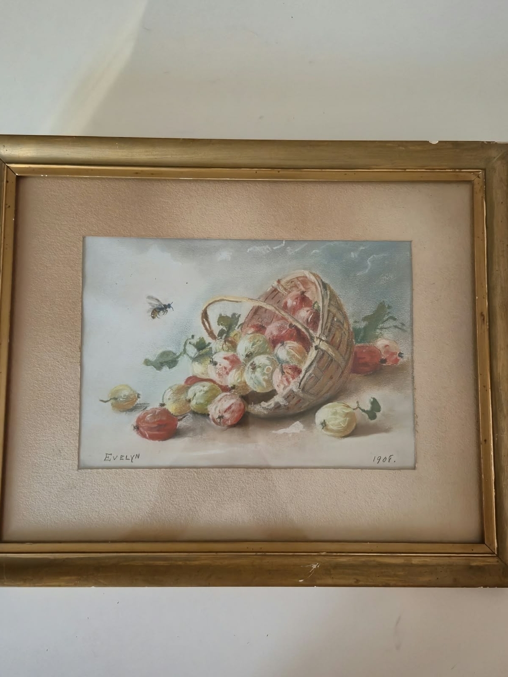 Framed Still Life Fruit Basket Wall Art - Cream & Gold